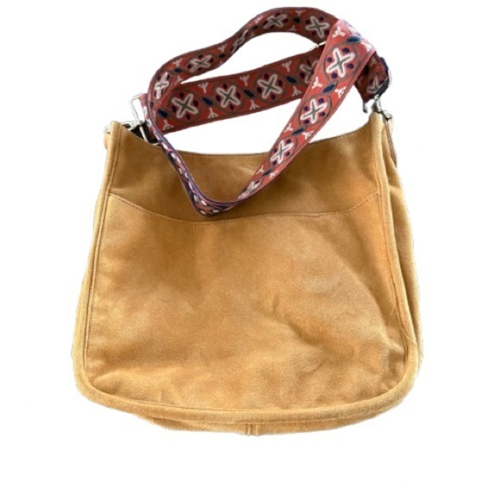 AhDorned Tan Faux Suede Shoulder Bag | Boho Crossbody | Wide Embroidered Strap